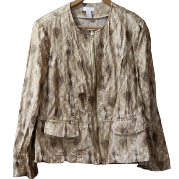 Chicos Metallic Gold Shimmery Linen Blend Blazer Jacket Zip Up Pockets  1 - Picture 1 of 16